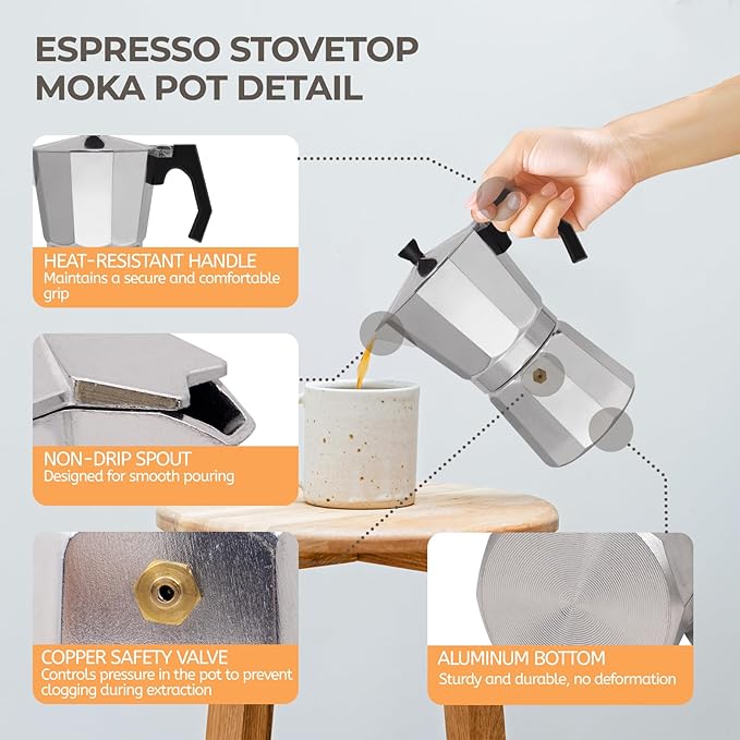 Aluminum 3 Cup 150ml Moka Pot Express Coffee Maker Stovetop Espresso Percolator Coffeemaker Italian Classic Style Brewing Greca Cafe Mocha Machine for Cafeteras Lover Camping Travel and Home Use 5oz