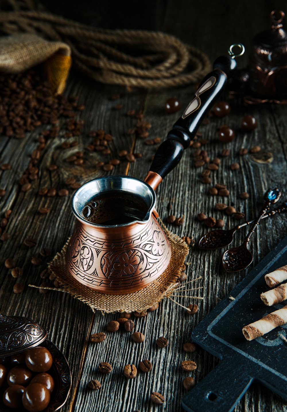 DEMMEX Copper Turkish Coffee Pot Cezve Ibrik Greek Coffee Briki Stovetop Coffee Maker with Wooden