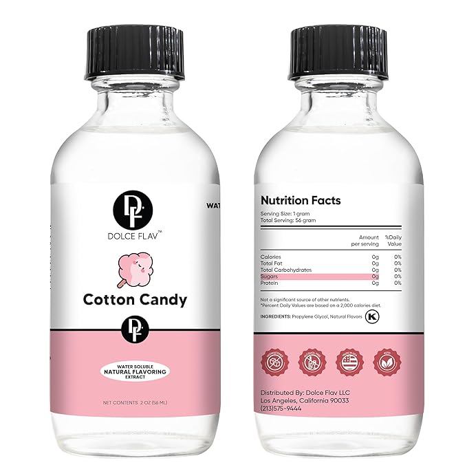 Dolce Flav Natural Cotton Candy Extract ??2 Ounce Water-Soluble Kosher, Sugar-Free, Concentrated Carnival-Style Flavoring for Baking, Frostings & Drinks, Includes Measured Dropper
