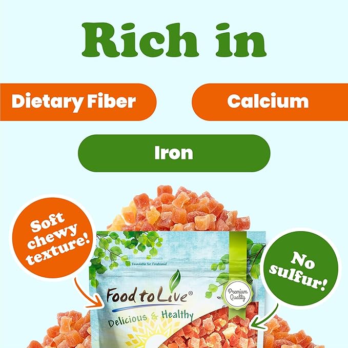 Food to Live Dried Diced Papaya, 1 Pound Kosher, Vegan, Sweetened, Unsulfured, Bulk