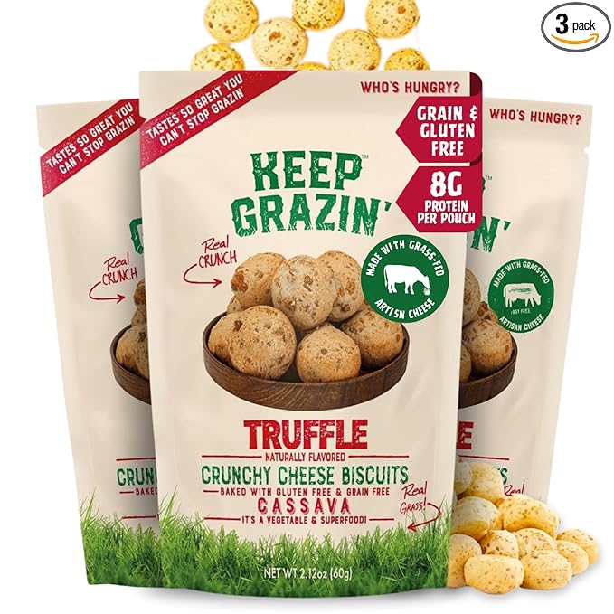 Keep Grazin Grain Free Crunchy Cheese Biscuits - Truffle Flavoured | 2.12 Ounce (Pack of 3) | Gluten & Sugar-Free, Non-GMO Protein Snacks - Baked with 100% Grass-Fed Cheese & Cassava Flour