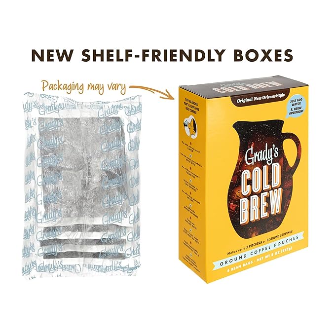 GRADY’S COLD BREW, New Orleans Style, 100% Arabica Ground Coffee & Chicory Pouches, TWO Boxes of Four Easy-to-Brew Bean Bags, Makes 24 drinks