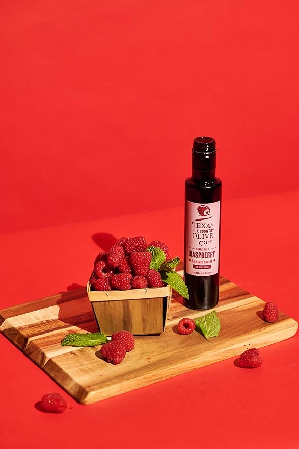 Raspberry Balsamic Vinegar - Gourmet Barrel Aged Infused Balsamic Vinegar - Great for Dressing Dipping Glazing - No Artificial Flavors or Added Sugar - Made in Texas (8.5 oz)