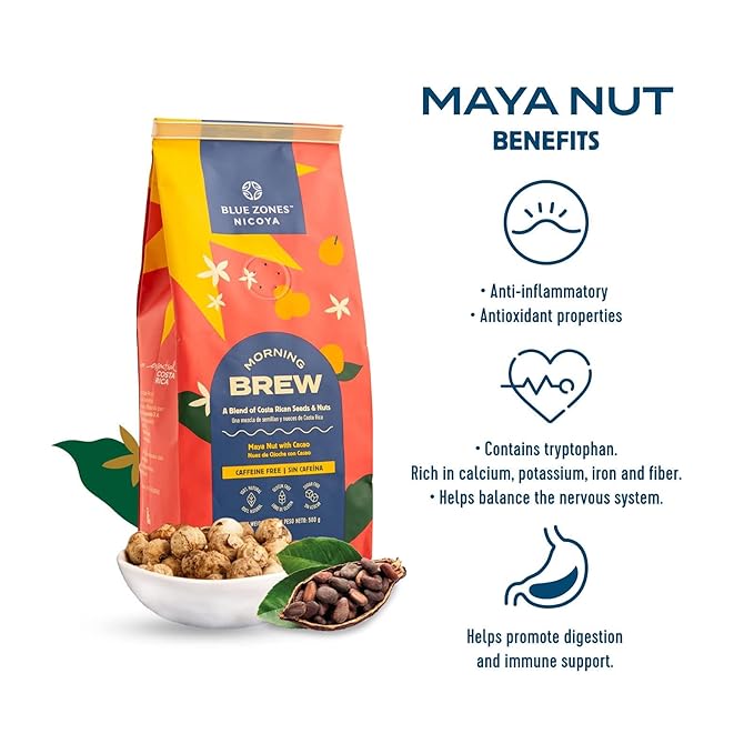 Blue Zones Nicoya - Morning Brew, Maya Nut and Cacao - 100% Natural Ground Coffee Alternative - High Micronutrients - Caffeine Free, Gluten & Sugar-Free (12 oz/ 340g)
