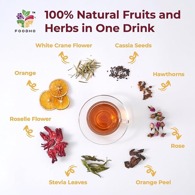 FOODHO Fruit Herbal Blend Functional Tea for Digestion with Orange, Hawthorn, Roselle, Rose, Caffeine Free Tea, No Sugar, Hot or Iced Refreshingly Fruity, 10 Decaf Tea Bags