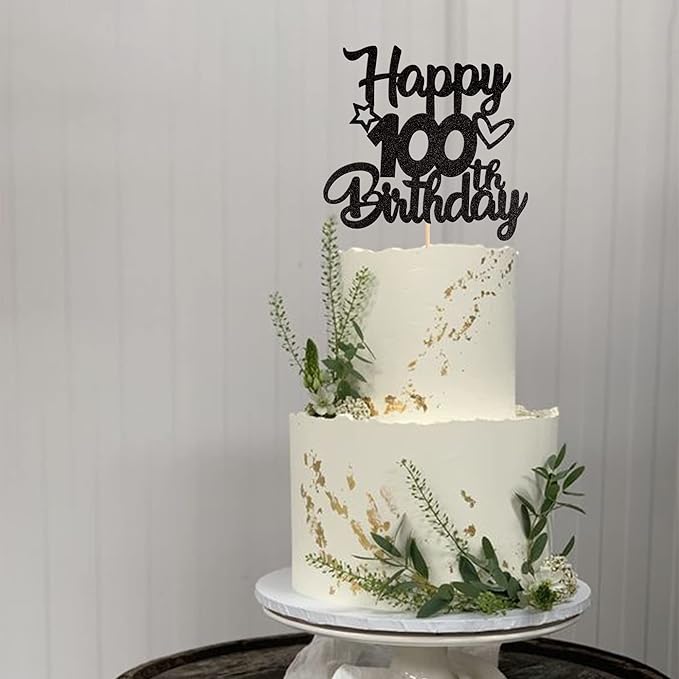 1 Pack Happy 100th Birthday Cake Topper - Glitter Heart Star 100 Fabulous Cake Pick Sign Decorations for Theme Party Supplies - Black