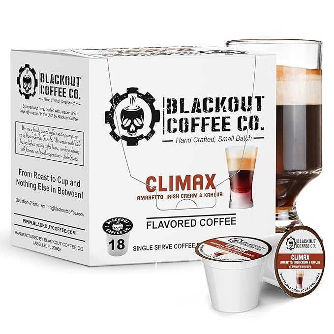 BLACKOUT COFFEE CLIMAX Amaretto, Irish Cream & Kahlua Flavored Coffee Pods ??Premium Arabica, Smooth Taste, Guilt-Free Indulgence ??18 Count Single Serve K-Cups, American Made
