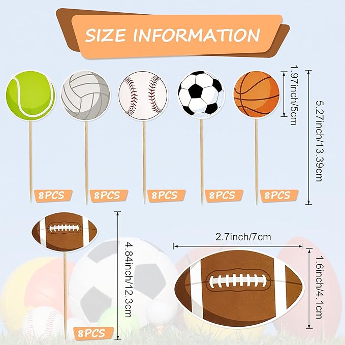 48 Pcs Sports Cupcake Toppers Cake Decorations, Sports Party Cupcake Picks, Baseball Basketball Soccer Football Tennis Volleyball Cake Toppers for Boy Kid Teen Adult Birthday Party Supplies, 6 Styles