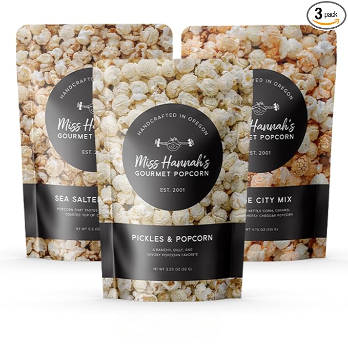 Miss Hannah's Gourmet Popcorn Starter Pack - Sea Salted Brulee, Bridge City Mix, Pickles & Popcorn - Non-GMO, Sweet & Savory Snack Box for Gifting or Sharing - 3 Pack Artisan Popcorn Gift Set