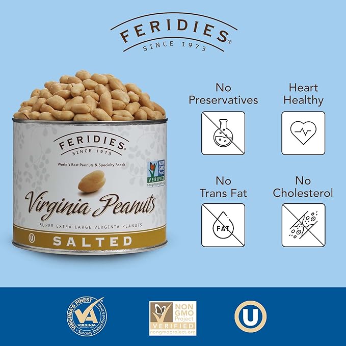 FERIDIES Extra Large Gourmet Virginia Salted Peanuts, Cooked in Pure Peanut Oil, No Preservatives, Non-Gmo, Kosher Certified - 36 Oz Tin
