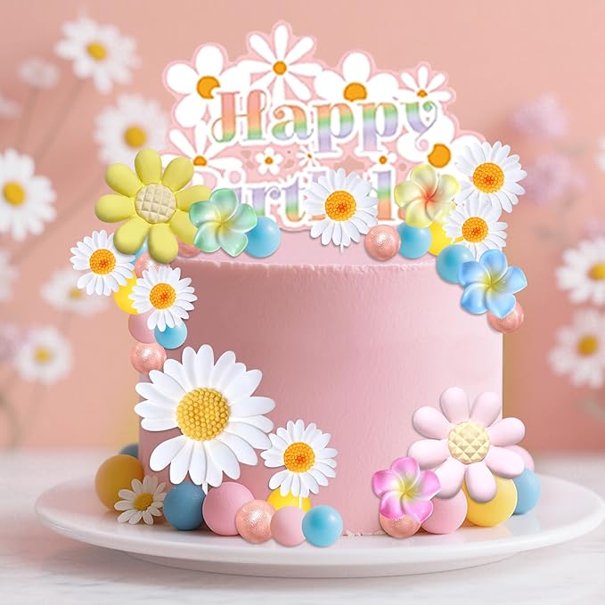 33 PCS Daisy Cake Decor Daisy Flower Birthday Cake Cupcake Toppers Hippie Themed Cake Cake Toppers Boho Baby Shower Birthday Wedding Supplies