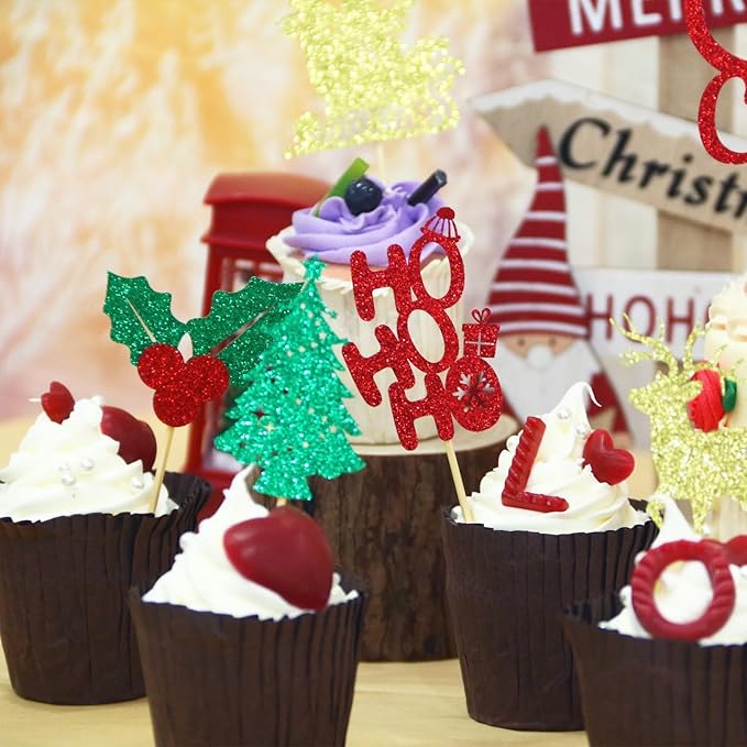 24Pcs Merry Christmas Cake Topper HO HO Christmas Cupcake Toppers Snowman Xmas Tree Deer Cupcake Picks for Xmas Holiday Birthday Party Baking Supplies Cake Decorations