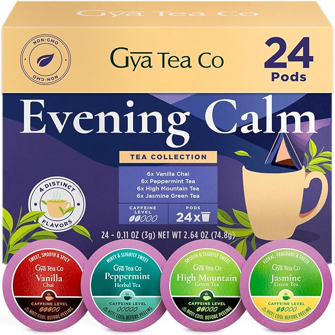 Gya Tea Co Evening Calm Tea Gift Set (24 ct) - Assorted Tea Pod Variety Pack with Vanilla Chai, Peppermint, High Mountain, Jasmine Green 4 Flavors for Night Rest, Digestion & Relaxation