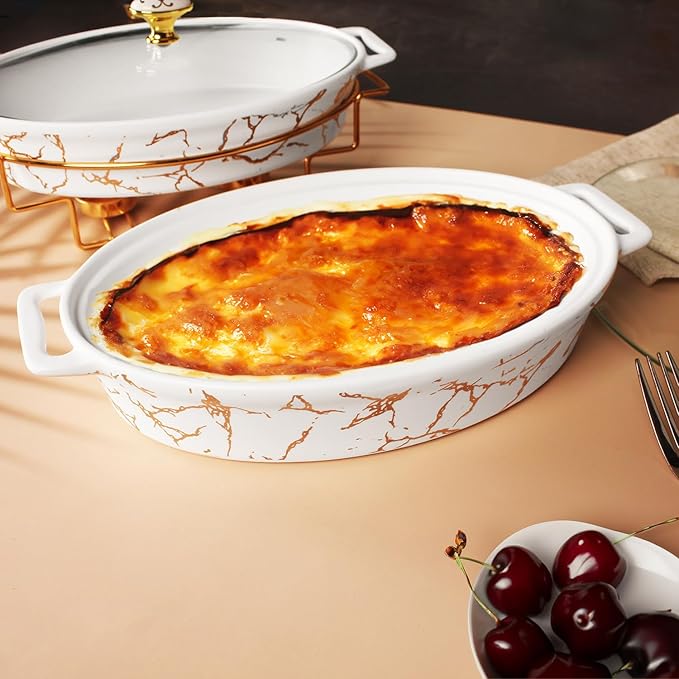 10" x 6" Ceramic Casserole Baking Dish With Glass cover and golden rack, Lasagna Pan Deep for Oven, 34 ounce Baking Pan with Handles, Oven Safe & Durable Bakeware for Home Decor