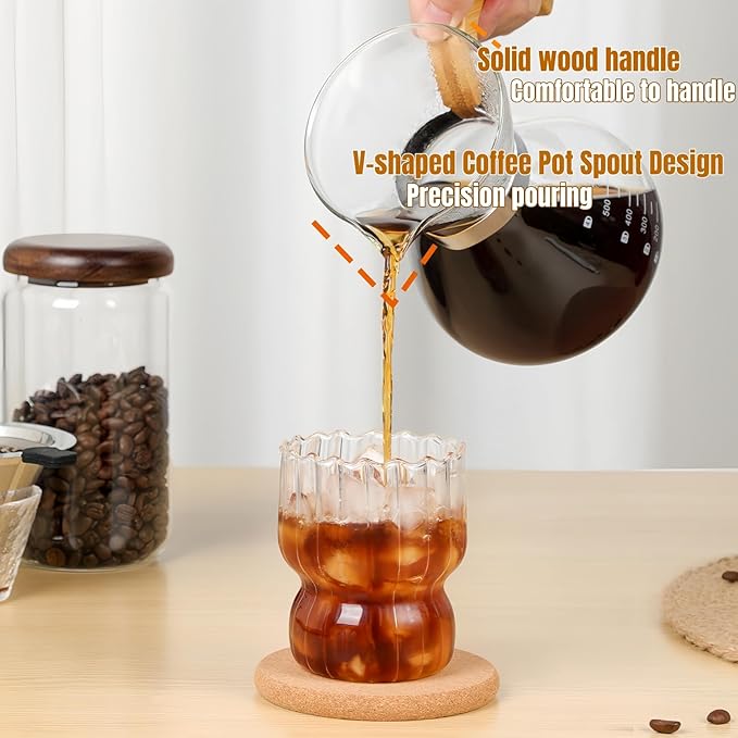 Pour Over Coffee Maker Set, with Double-Layer Stainless Filter and Wooden Handle, 20 oz 600ml Thickened Borosilicate Glass Pour Over Coffee Dripper for Home Caf챕