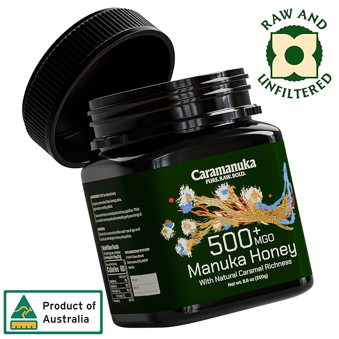 Caramanuka Manuka Honey MGO 500 – 100% Raw & Unfiltered Australian Honey, Independently Lab-Tested for MGO & Glyphosate, Bold Caramel Flavor, 8.8 oz (250g)