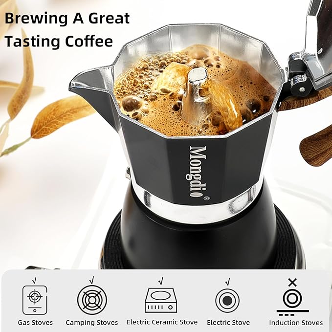Mongdio Stovetop Espresso Maker Moka Pot, Cuban Coffee Maker Stove top coffee maker Moka Italian Espresso Greca Coffee Maker Brewer Percolator, 6 Espresso Cups, 10 oz - Black