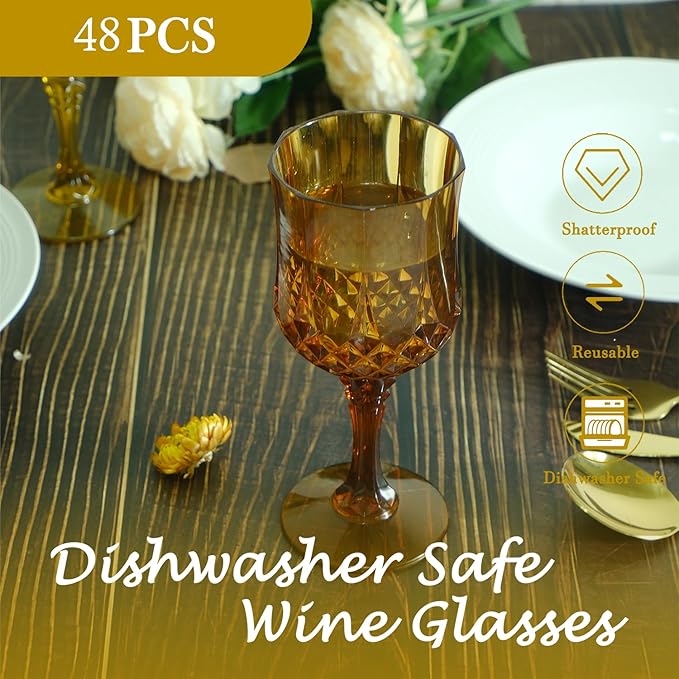 Plastic Wine Glasses,Plastic Goblets Vintage Style Cordial Drinking Glasses for Wedding Reception, Grand Event Party Supplies (48, Amber)