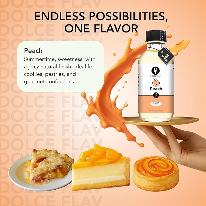 Dolce Flav Peach Extract (Oil-Soluble) 8 oz ??Kosher, Sugar-Free, Concentrated Juicy Peach Flavoring for Baking, Chocolates & Desserts, Includes Measured Dropper