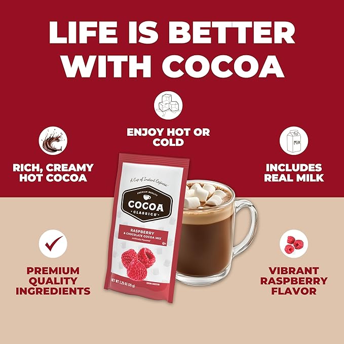 Cocoa Classics Raspberry Cocoa Mix, Hot Chocolate, Made with Nonfat Milk, Just Add Hot Water, Make Hot or Iced Cocoa, Gluten Free & Kosher Dairy Friendly, 1.25oz Packets (Pack of 36)