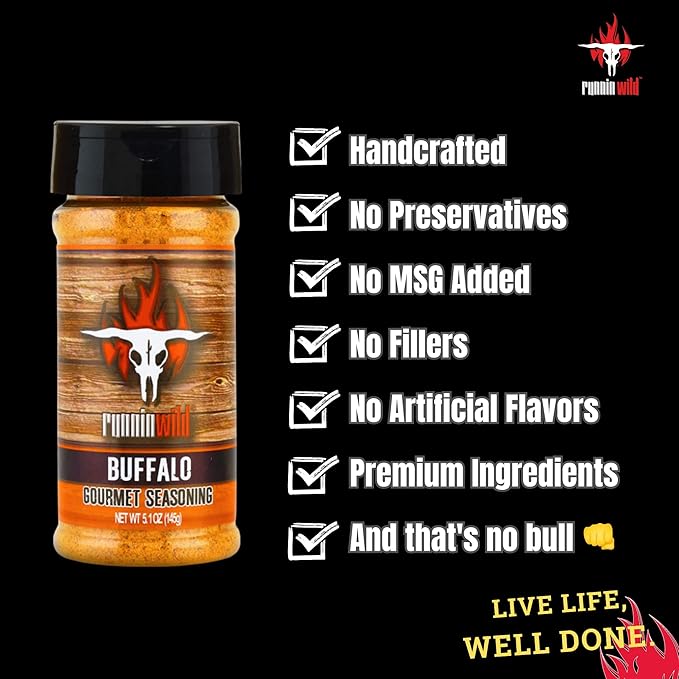 Runnin??Wild Buffalo Wing Seasoning ??Mouthwatering Buffalo Flavor Spice Rub for Chicken, Fries, Popcorn & Game-Day Snacks | Bold Gourmet Blend, No Artificial Flavors or MSG added - 5.1oz