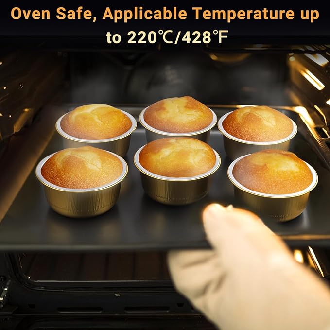 Beasea Aluminum Ramekins With Lids, 50 Pack 6.1oz 180ml Disposable Foil Aluminum Baking Cups Round Oven Baking Mini Cupcake Cups for Party - Gold