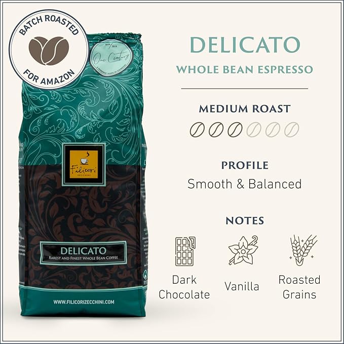 Filicori Zecchini Italian Espresso Beans ??Whole Bean Coffee Medium Roast Arabica & Robusta Blend ??Low Acidity, Slow Roasted ??Delicato 340g