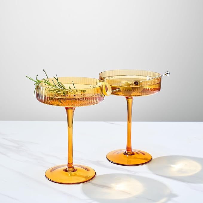 Khen Ribbed Vintage Art Deco Coupe Glasses - Martini, Champagne & Cocktail Ribbed Glasses 8oz | Cute Crystal Glassware Sets - Goblet Stemmed Ripple Glassware, Housewarming Glass Gifts, Amber, 2 Pieces