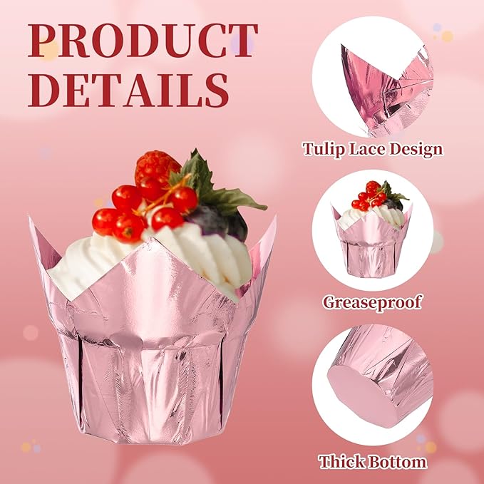 uxcell 100 Pcs Tulip Cupcake Liners, Muffins Liners Aluminum Foil Cupcake Wrappers Baking Cups Muffins Liners for Wedding Birthday Party Supplies, Champagne Gold/Rose Gold