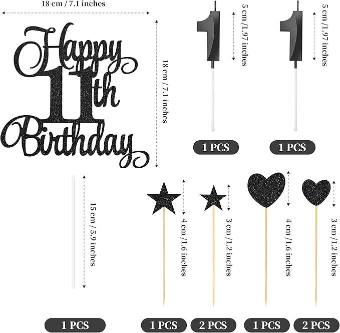 11th Birthday Cake Decorations, 11th Birthday Candles Cake Numeral Candles and Glitter Happy 11th Birthday Cake Toppers Set for Birthday Party Supplies (Black)