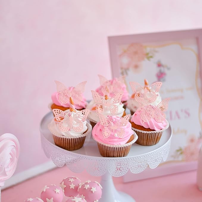 Gyufise 36 Pack Rose Gold Glitter 3D Cupcake Toppers - Hollow Butterfly Cake Decorations for Birthday Wedding Fairy Party - Wall Sticker Decal for Background Wall Decoration