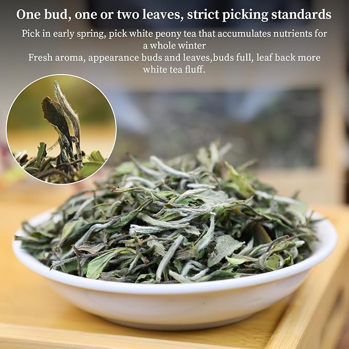 XIXICHA White Peony Tea White Tea Loose Leaf Pai Mu Dan Chinese Tea Peonies Low Caffeine Light & Mild & Smooth Taste 3.52oz/100g 白茶 白牡丹茶