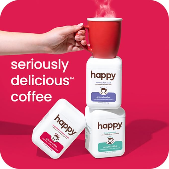 happy coffee medium roast ground coffee, 12 oz., notes of berries & optimism, recyclable container, grown & harvested in Brazil & Colombia, ra챠z sustainability verified