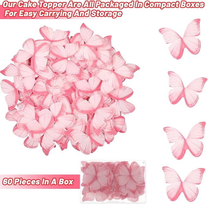 60PCS Wafer Paper Butterflies Cupcake Toppers, Pink Edible Butterflies for Cake Decorating, Edible Cupcake Decorations for Birthday Cake Decorations Anniversary Wedding Baby Shower
