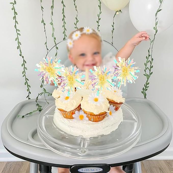 Rsstarxi 30 Pack Firework Cupcake Toppers Sparkle Tinsel Drink Birthday Cake Decorations Cocktail Food Fruit Toothpick for Valentine's Day Wedding Birthday Party Decorations Yellow