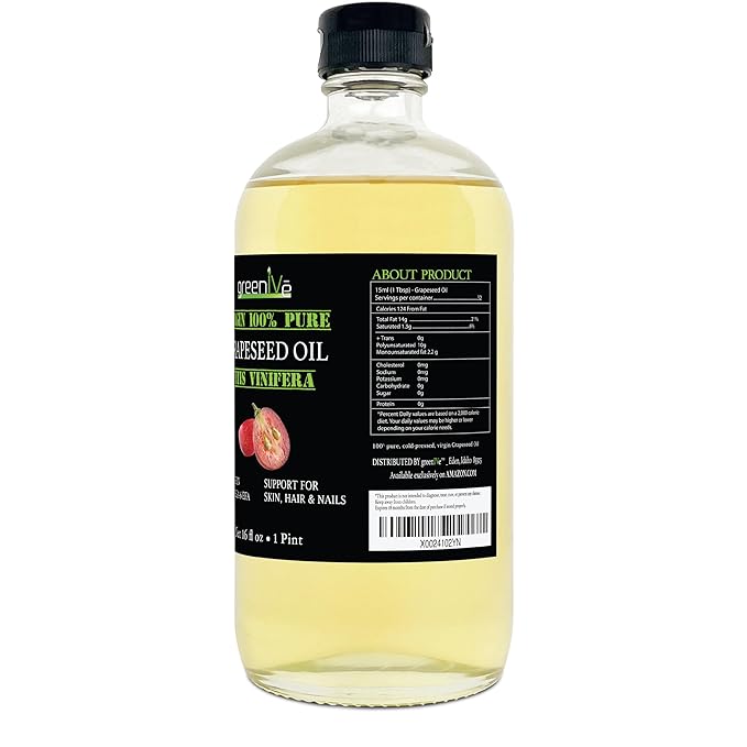 GreenIVe Grapeseed Oil Organically Grown 100% Pure Cold Pressed Light Flavor High Tempurature Cooking (473 ml GLASS)