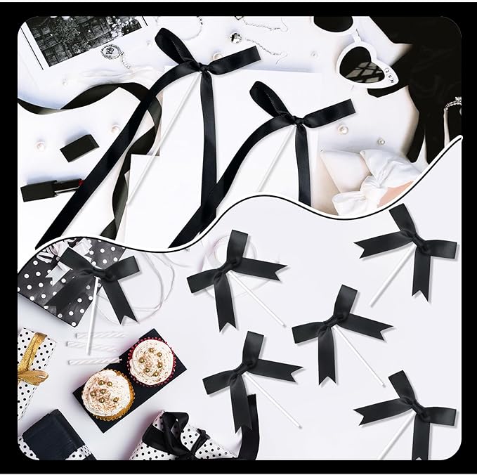 Black Bow Cake Toppers, Happy Birthday Sign, 12Pcs Ribbion Bow Cupcake Toppers & 6Pcs Cake Toppers for Black Bow Birthday Decorations, Baby Shower, Bridal Shower, Graduation Party