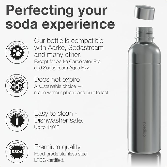 Premium 33 oz Stainless Steel Bottle - Compatible with Sodastream Art, Duo, Enso, Terra (not Aqua Fizz), Aarke Carbonator 3 | No expiration date | Dishwasher safe | Bpa-free
