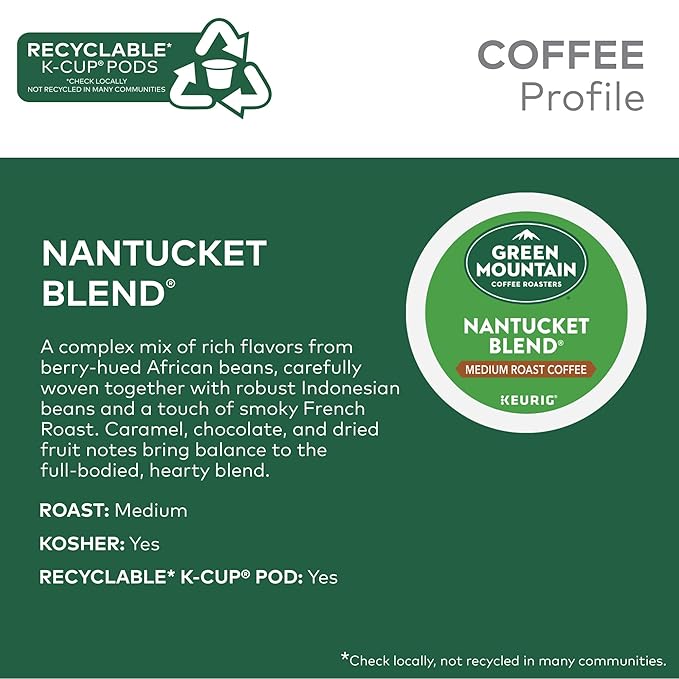 Green Mountain Coffee Roasters Nantucket Blend, Keurig Single Serve K-Cup Pods, Medium Roast Coffee, 60 Count, (6 Packs of 10)