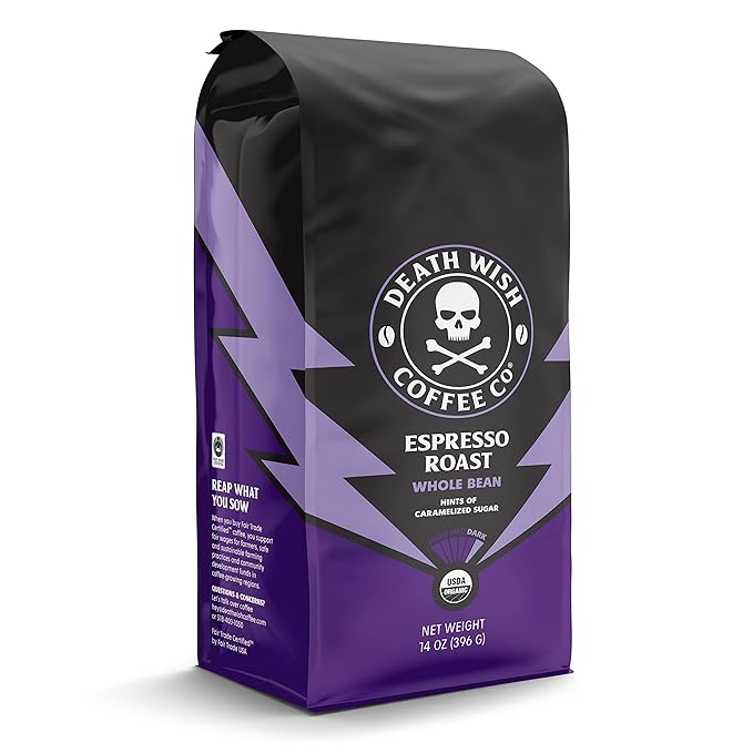 Death Wish Coffee, Whole Bean Espresso Roast - Organic, Fair Trade, Arabica and Robusta Coffee Beans, 14 ounce (Pack of 1)