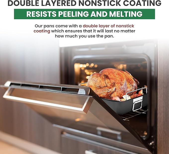 Roasting Pan With Rack 11" x 15" - Non Stick Large Roaster Pan and Flat Rack with Foldable Handles - Roasting Pans for Ovens to Elevate Food for Even Heating - Dishwasher Safe Turkey Roast Pot