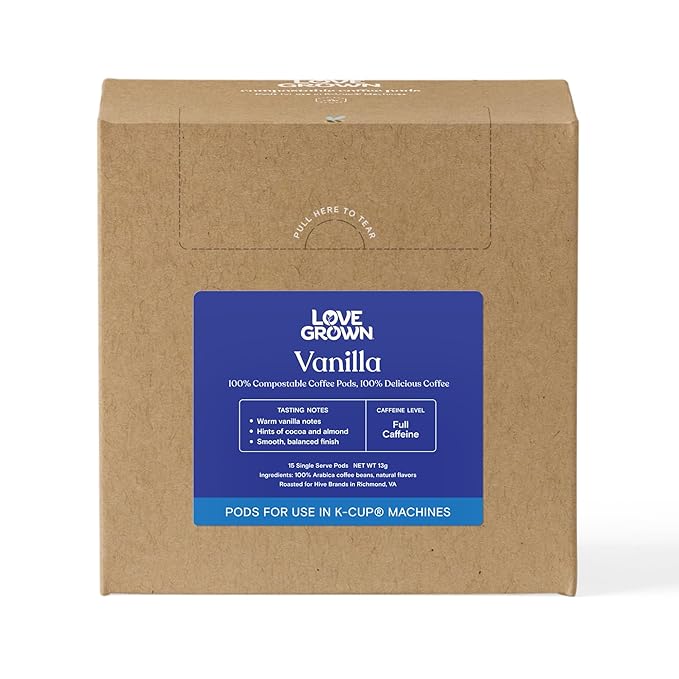 Love Grown Compostable Coffee Pods - Compatible with Single-Serve Brewing Machines - 100% Arabica Beans, Plastic-Free, Gluten-Free, Non-GMO - Vanilla, Box of 15
