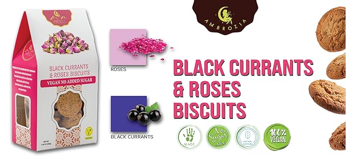 Ambrozia Vegan Snack Biscuits ??Blackcurrant & Rose - Soft Baked, No Added Sugar, Clean Label, High Fiber & Wholesome Ingredients, Kid-Friendly, Healthy Snacks for Active Lifestyles, 4 x 4.58 Oz