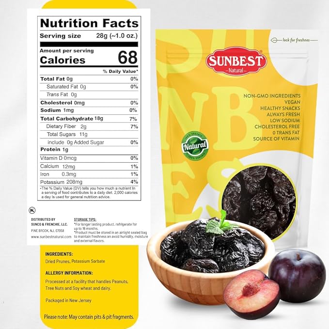 Sunbest Natural Jumbo Pitted Prunes – 5 lb Bulk Bag (80 oz) – Tender, Juicy & Nutrient-Rich Dried Prunes – High in Fiber & Antioxidants – Kosher Certified Dried Plums for Snacking & Cooking