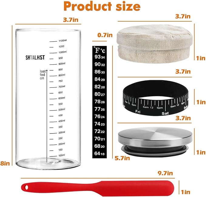 Sourdough Starter Jar Kit-1100ml/39Oz, Sourdough Starter Kit, Sour Dough Starter Jar With Stainless Steel Lid, Thermometer, Silicone Scraper, Cloth Cover And Date Marked Feeding Band (1 Pack)