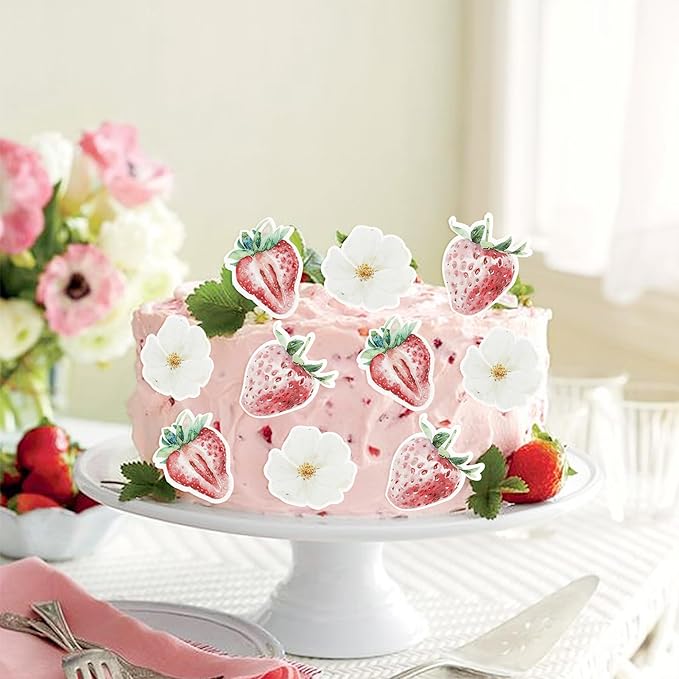 60 PCS Edible Flower Strawberry Cupcake Toppers Strawberry Birthday Cake Decorations Edible Berry Strawberry Baby Shower Cupcake Picks for Wedding Engagement Bridal Shower Birthday Party Supplies