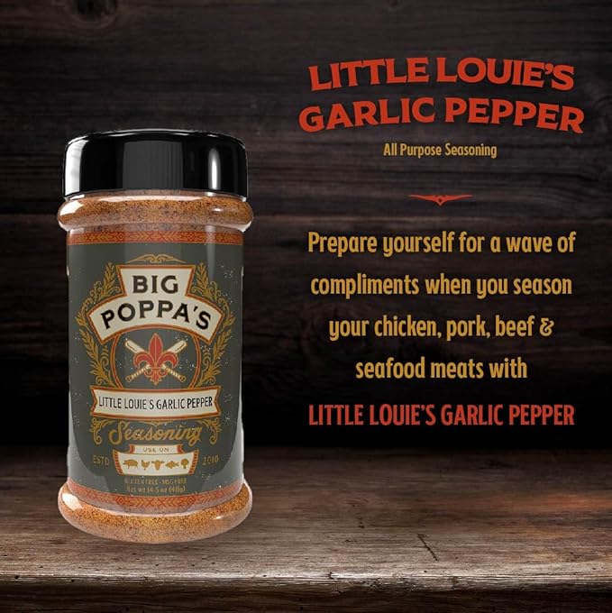 Big Poppa's Little Louie’s Garlic Salt with Black Pepper - Gluten-Free All Purpose Seasoning – Ideal as Beef, Chicken, and even Vegetable Seasoning for Cooking (14.5 Oz)