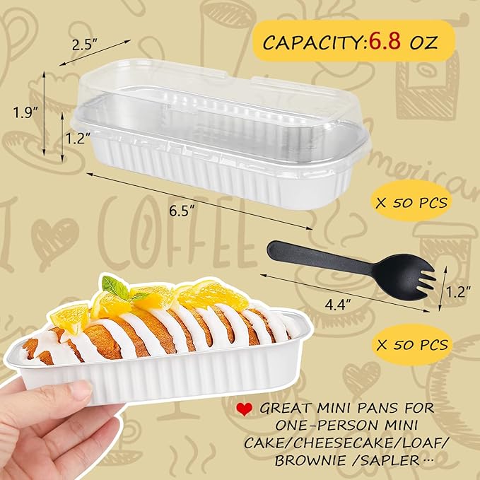 LNYZQUS Mini Loaf Baking Pans with Lids 50 Pack, 6.8oz Rectangle Aluminum Foil Mini Cake Baking Pans Tins Containers,Disposable Ramekins Baking Cups Muffin Tins-White