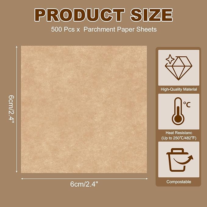 uxcell 500 Pcs Unbleached Parchment Paper Baking Sheets Squares, 2.4 Inch Hamburger Patty Paper, Non Stick Parchment Pulp Paper for Baking Grilling or Meat Storage, Wood Color