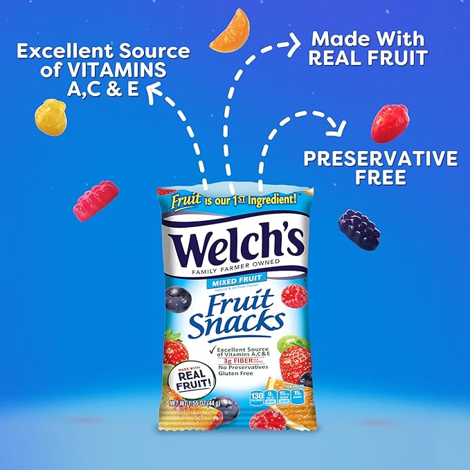 Welch's Fruit Snacks, Mixed Fruit, Great for School Lunches, Bulk Pack, Individual Single Serve Bags, 1.55 oz (Pack of 144)